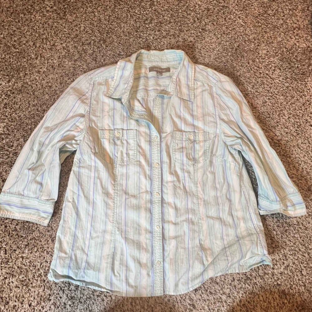 Croft & Barrow Womens Large Mint Green Blue Striped 3/4 Sleeve Button Down Shirt